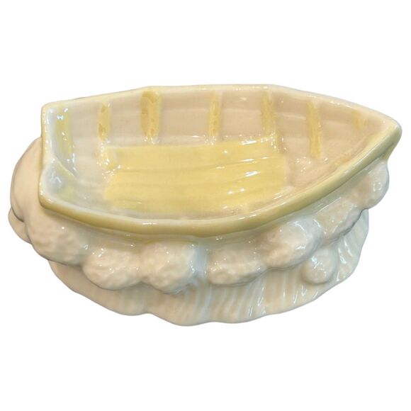 Vintage Belleek Porcelain Cream/Yellow Boat Salt Trinket Dish~7th Brown Mark - Picture 3 of 8